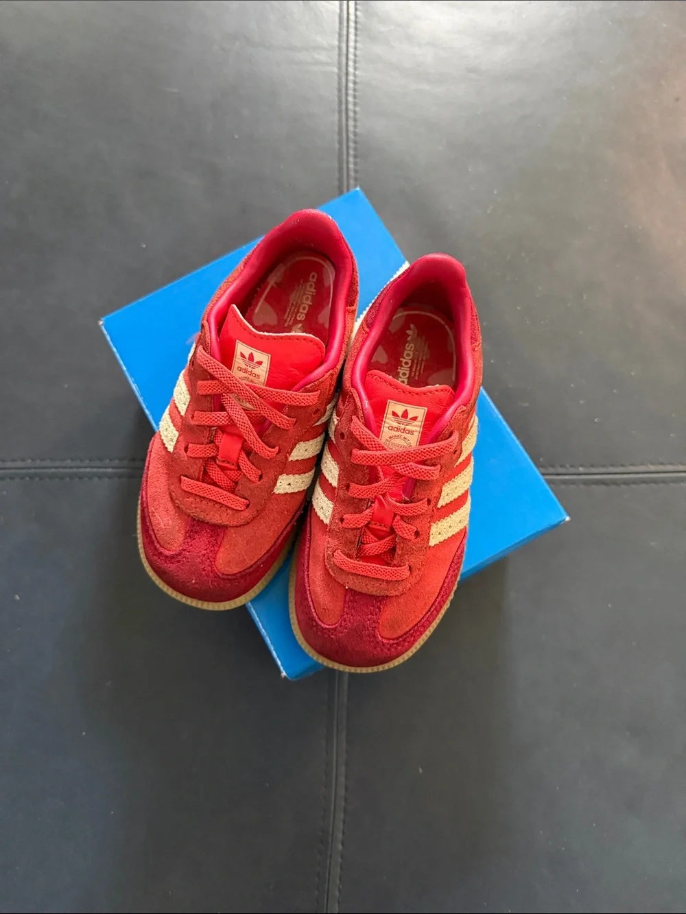 adidas Kids Red Suede Sneakers with Cream Stripes